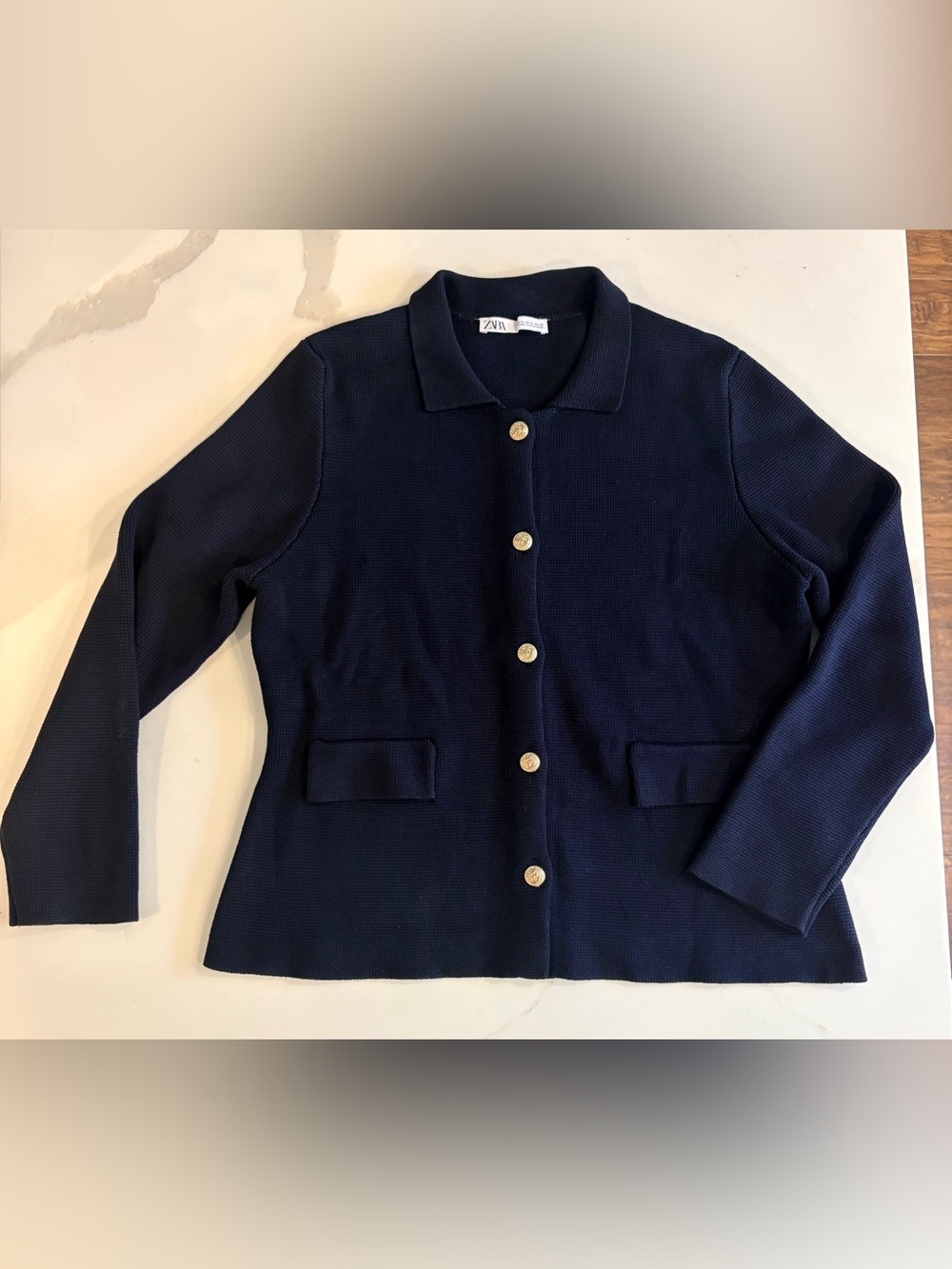 Zara Dark Navy Knit Button-Up Cardigan with Gold Nautical Buttons